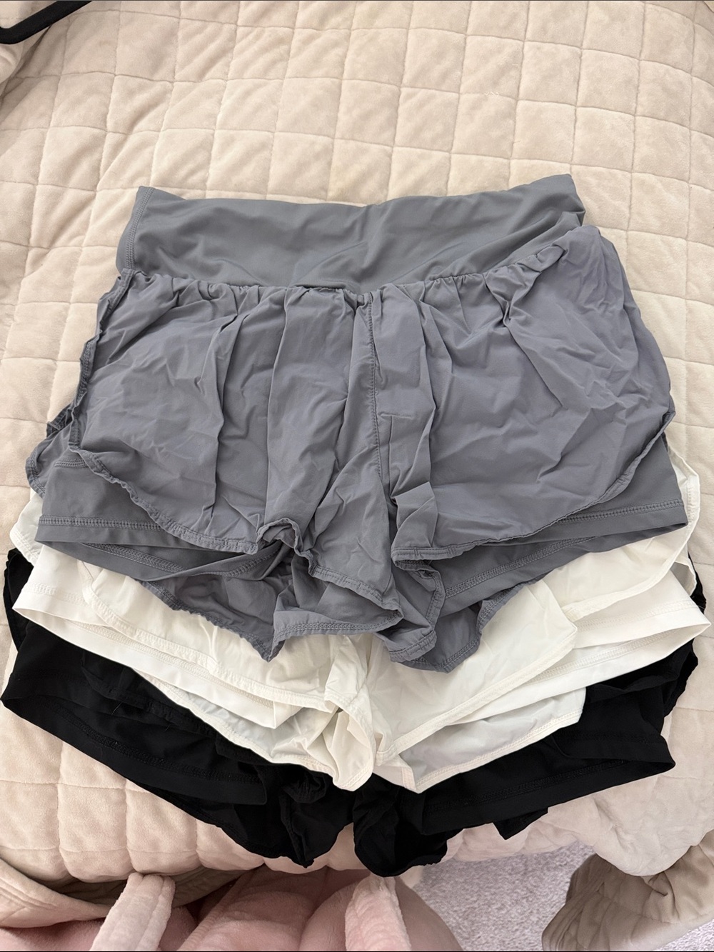 Amazon Women's Athletic Layered Shorts — Gray, White, Black (3-Pack)